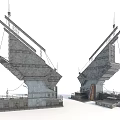 Cartoon Scene Featuring Gray Toned Mechanical Structures With Metal Concrete Texture Antennas And Platforms