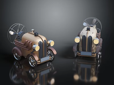 Vintage Toy Cars With Propellers Headlights Metallic Brown Beige Bodies And Reflective Surfaces 3d model