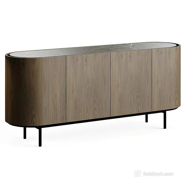 Modern Wooden Office Desk With Sleek Cabinet Doors And Black Slim Legs Design 3d model 