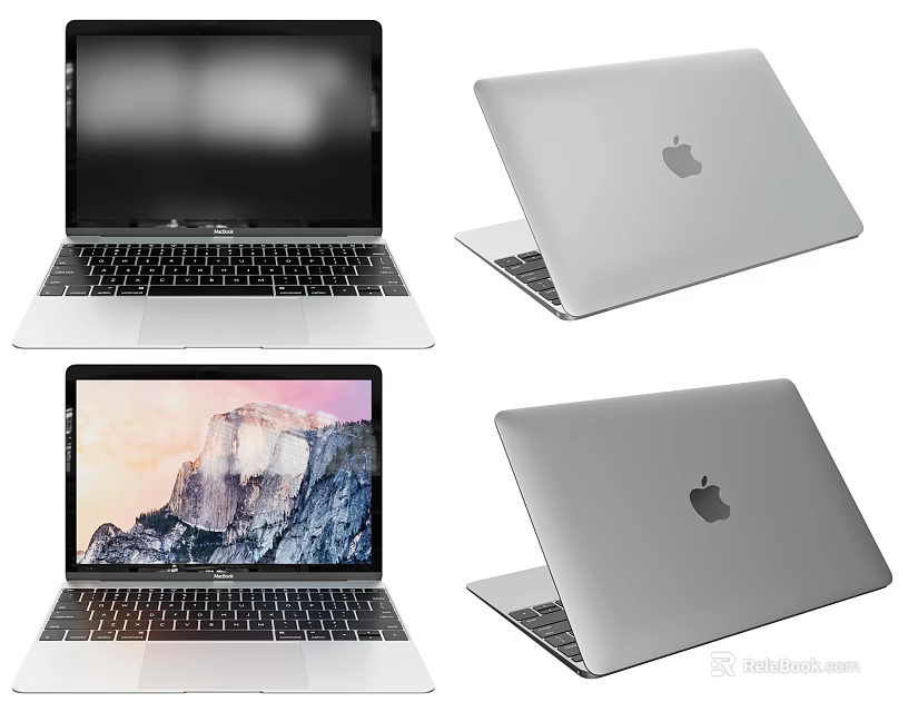 Apple MacBook Laptop Display In Different Angles With Silver Body And Mountain Wallpaper Screen 3d model