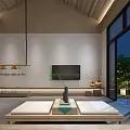 Modern Minimalist Hotel Room Interior Design With Wooden Ceiling Stone Wall And Cozy Bed