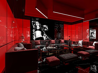 Luxury Modern KTV Lounge With Red Interior Sofa Coffee Table And Black White Posters 3d model