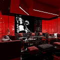Luxury Modern KTV Lounge With Red Interior Sofa Coffee Table And Black White Posters