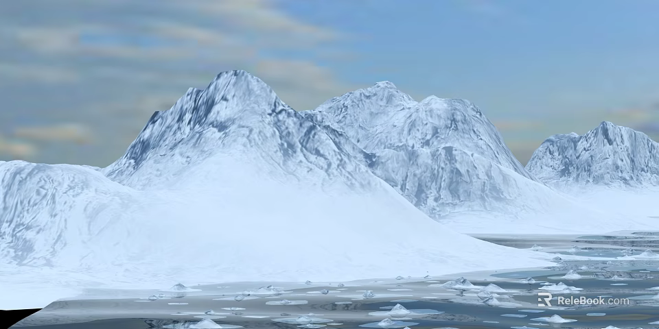 Alpine Garden Landscape With Snowy Mountains Ice Field And Blue Sky Clouds 3d model 