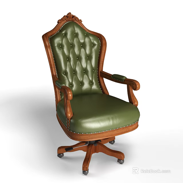 Classic Green Leather Office Chair With Diamond Tufted Back Wooden Arms And Casters 3d model 
