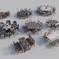 Various Dining Table Sets Including Round And Square Designs With Chairs And Tableware 3d model