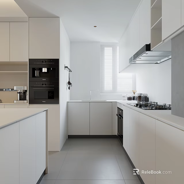 Modern White Kitchen Interior With Black Appliances Gas Stove And Window Blinds 3d model 