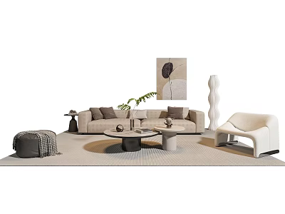 Modern Elegant Sofa Coffee Table Combination With Beige Upholstery Accent Chair And Decorative Rug 3d model