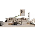 Modern Elegant Sofa Coffee Table Combination With Beige Upholstery Accent Chair And Decorative Rug