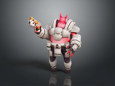 Pink Horned Fantasy Character In Heavy Armor Holding Futuristic Gun With Mechanical Details 3d model