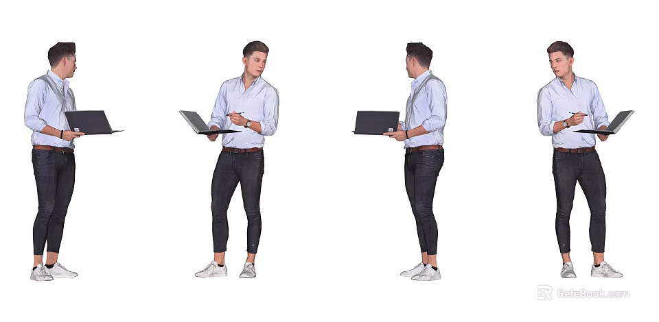 Man Standing In Different Poses Holding Laptop With Light Blue Shirt Dark Pants And White Shoes 3d model 
