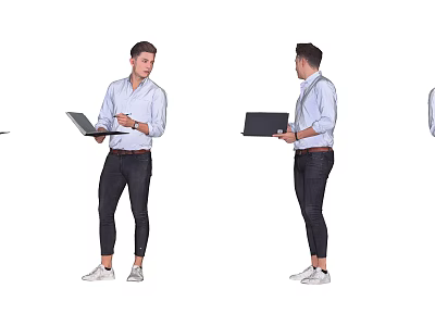 Man Standing In Different Poses Holding Laptop With Light Blue Shirt Dark Pants And White Shoes 3d model