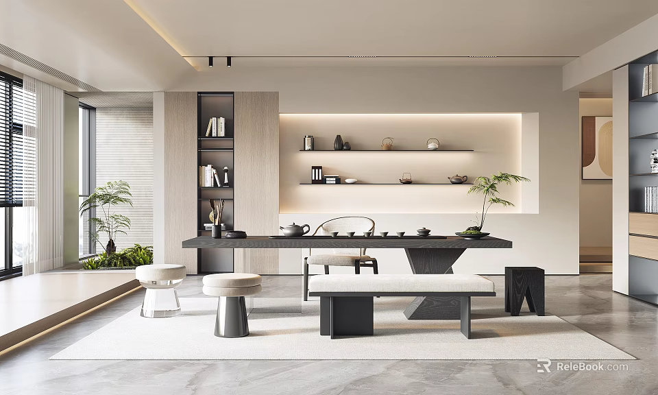 Modern Tea Room Interior With Tea Table Seating Shelves And Plants 3d model
