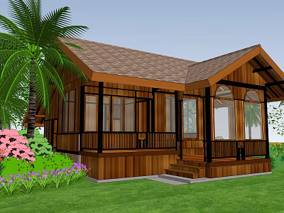 Rustic Wooden Guesthouse with Brown Roof Surrounded by Palm Trees Green Lawn and Flowers 3d model