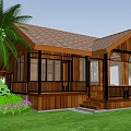 Rustic Wooden Guesthouse with Brown Roof Surrounded by Palm Trees Green Lawn and Flowers