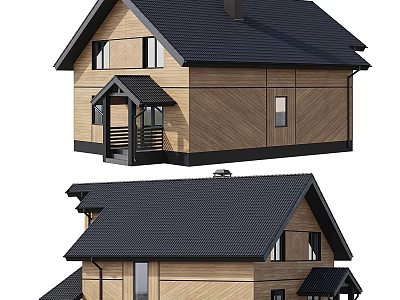 Two Story Single Family Wooden House With Black Roof And Front Porch Exterior 3d model