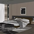 Modern Bedroom Interior With Background Double Bed Nightstand Bench And Curtains 3d model