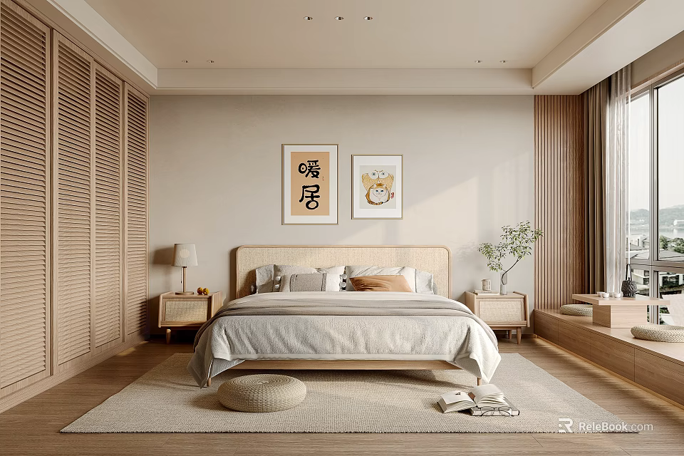 Minimalist Bedroom Interior With Wooden Wardrobes Bed Nightstands Table Lamps And Wall Art 3d model 