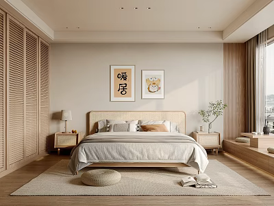 Minimalist Bedroom Interior With Wooden Wardrobes Bed Nightstands Table Lamps And Wall Art 3d model