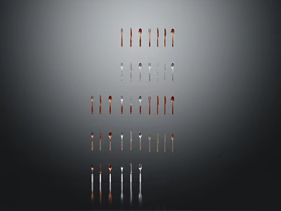 Colorful Kitchen Utensils Spoons And Forks In Neat Rows With Dark Background Reflections 3d model