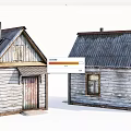 Vintage Wooden Houses With Metal Roofs Small Windows And Weathered Walls