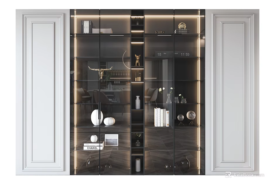 Modern Decorative Cabinet With Glass Doors And Interior Decorative Items Books And Lighting 3d model 