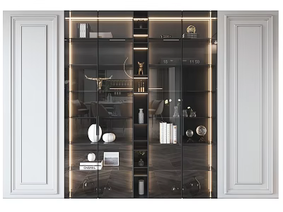 Modern Decorative Cabinet With Glass Doors And Interior Decorative Items Books And Lighting 3d model