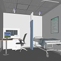 Hospital Room Interior With Bed Computer Desk Chair Wall Posters Ceiling Light And Wooden Door