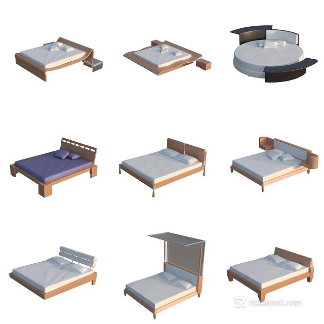 Various Double Bed Designs With Wooden Frame And Soft Mattress Options 3d model