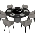 Round Black Marble Dining Set With Six Light Gray Chairs Black Legs White Plates