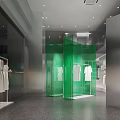 Modern Clothing Store Interior Design With Transparent Display Cases Blue Green Partitions And Hanging Clothes