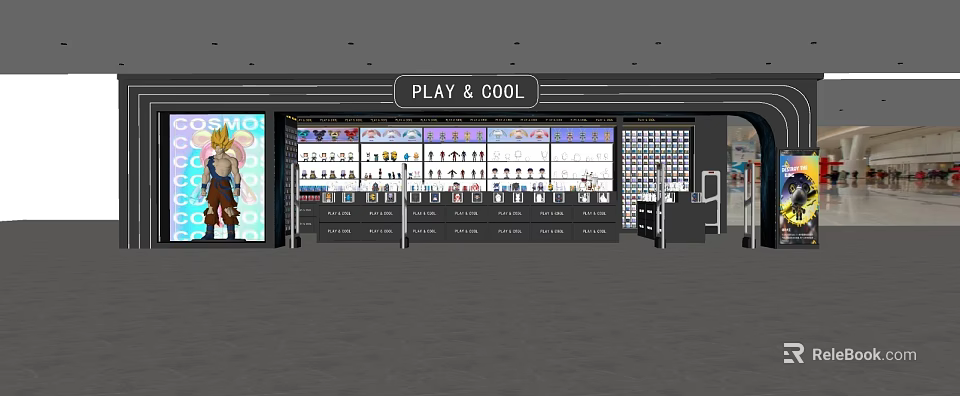PLAY & COOL Specialty Store Interior With Display Shelves And Various Products 3d model 