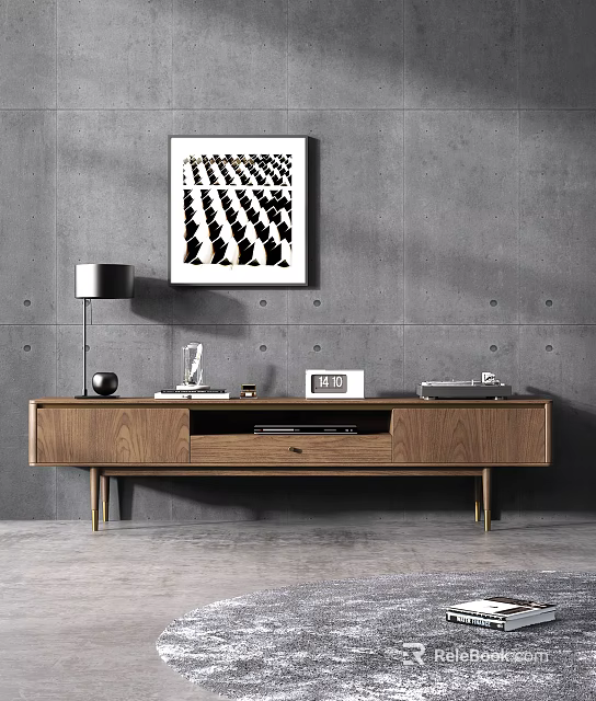 Walnut TV Stand With Table Lamp Decorative Item And Geometric Art On Gray Concrete Wall 3d model 