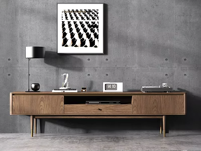 Walnut TV Stand With Table Lamp Decorative Item And Geometric Art On Gray Concrete Wall 3d model