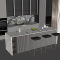 Modern Kitchen Bar Area With Marble Countertop Black Stools And Fruit 3d model