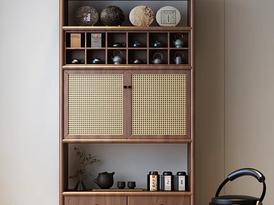 Wooden Tea Cabinet with Multiple Shelves Rattan Doors Tea Sets and Decorative Plates 3d model