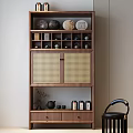 Wooden Tea Cabinet with Multiple Shelves Rattan Doors Tea Sets and Decorative Plates