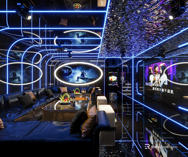 Modern KTV Lounge Interior With Neon Lights Sofas And Screens 3d model