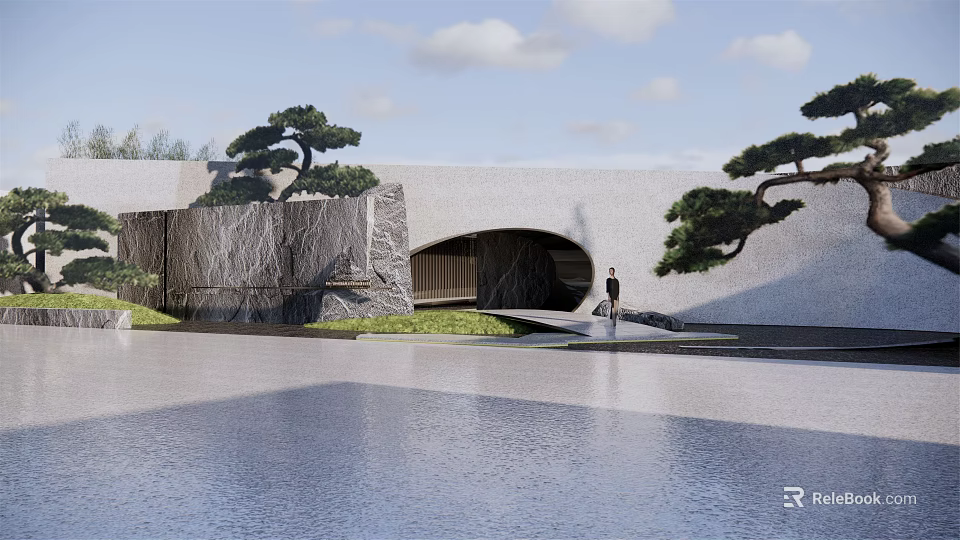 Modern Garden Landscape Featuring Curved Entrance Sculpted Pine Trees And Water Surface 3d model 