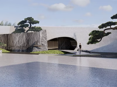 Modern Garden Landscape Featuring Curved Entrance Sculpted Pine Trees And Water Surface 3d model
