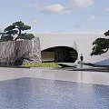 Modern Garden Landscape Featuring Curved Entrance Sculpted Pine Trees And Water Surface