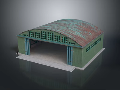 Green Industrial Building Structure With Arched Rusted Roof And Large Windows Supporting Columns 3d model