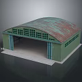 Green Industrial Building Structure With Arched Rusted Roof And Large Windows Supporting Columns