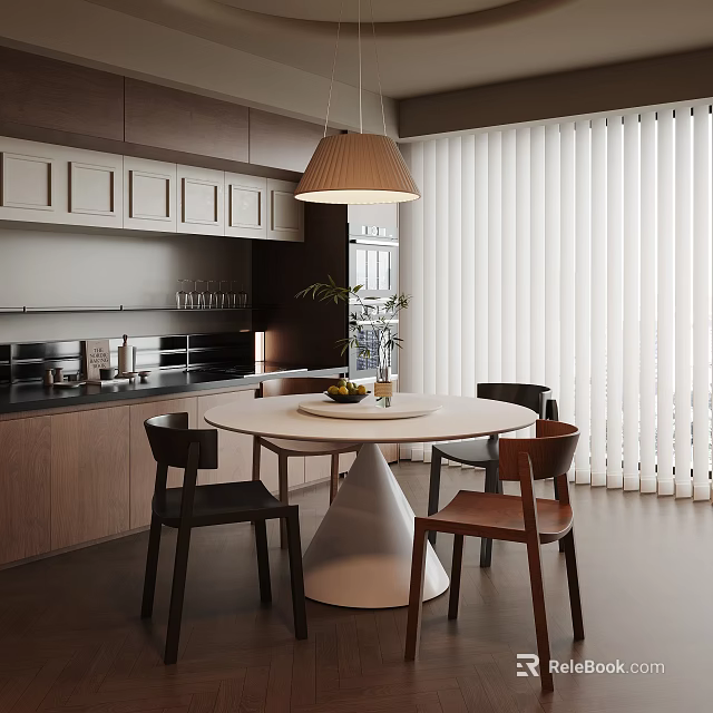 Modern Restaurant Interior With Round Dining Table Wooden Chairs Pendant Light And White Blinds 3d model 
