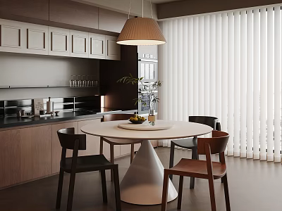 Modern Restaurant Interior With Round Dining Table Wooden Chairs Pendant Light And White Blinds 3d model