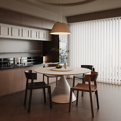 Modern Restaurant Interior With Round Dining Table Wooden Chairs Pendant Light And White Blinds 3d model