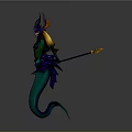 Enchanted Mermaid Fantasy Game Character With Horns Glowing Staff And Blue Green Tail