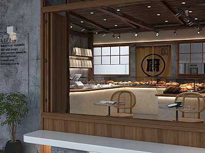 Cozy Dessert Shop Interior With Wooden Decor Display Counter Fresh Pastries And Tables 3d model