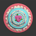 Three Tiered Blue Cake With Pink Rose Decoration On Pink Stand And White Pink Trims