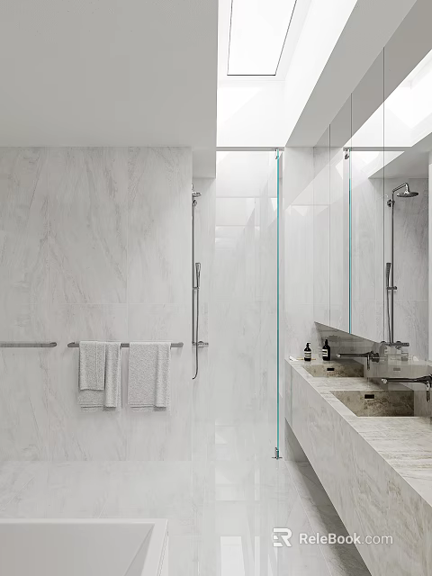 Modern Bathroom Interior With White Marble Walls Glass Shower Towel Rack Double Vanity And Mirror 3d model 